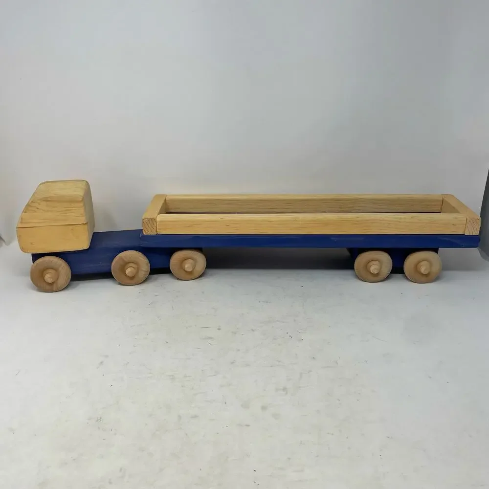 Handmade Blue & Natural Wood Semi Truck Tractor Trailer Flatbed Carrier